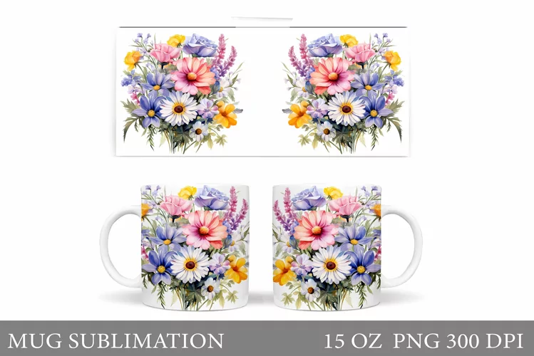 Flowers Mug Wrap Design. Wildflowers Mug Sublimation