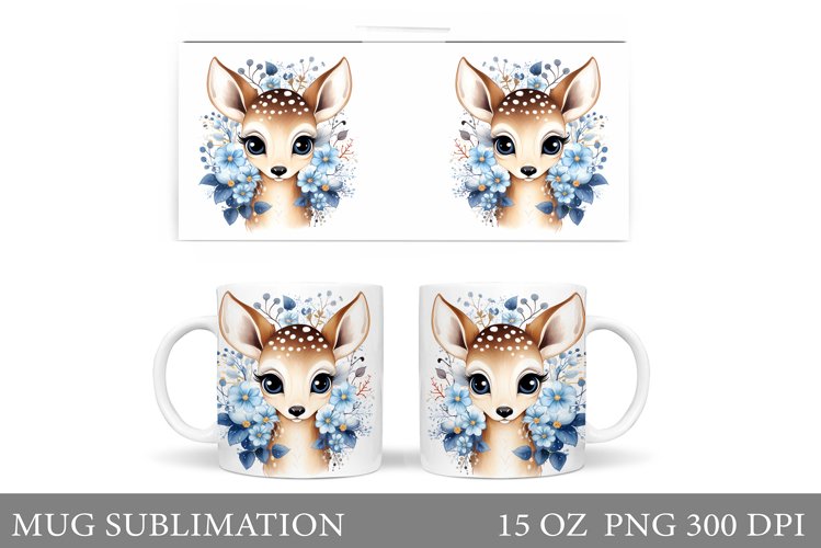 Cute Deer Mug Sublimation. Flowers Mug Wrap Design
