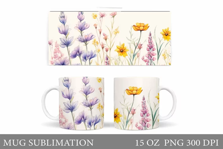 Flowers Mug Wrap Design. Wildflowers Mug Sublimation