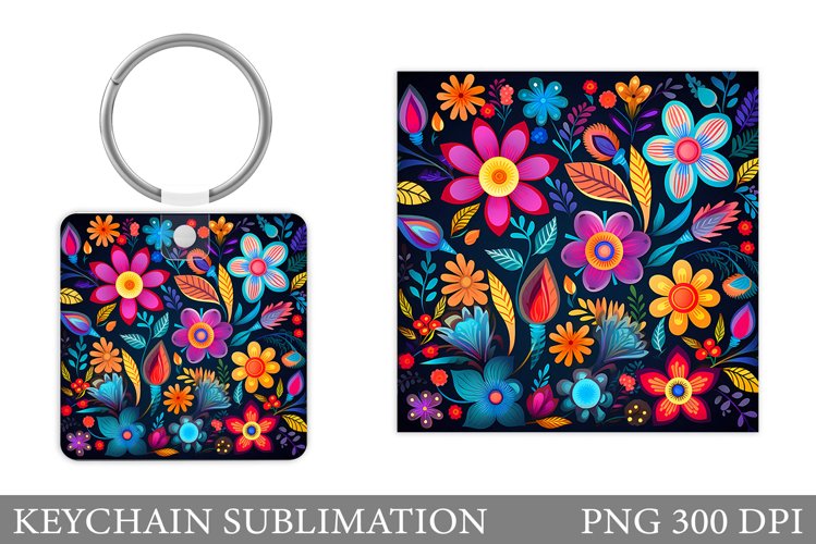 Flowers Keychain Design. Neon Flowers Square Keychain