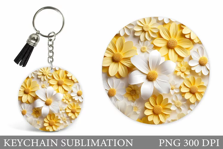 Daisy Flowers Keychain. Flowers Round Keychain Sublimation