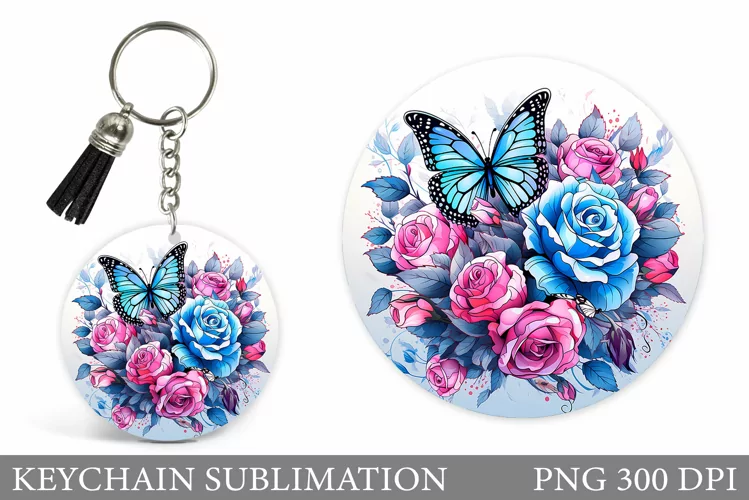 Butterfly Keychain Design. Roses Keychain Sublimation