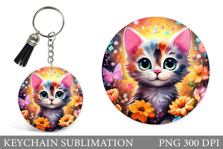 Cute Cat Keychain Sublimation. Cat Round Keychain Design example image 1