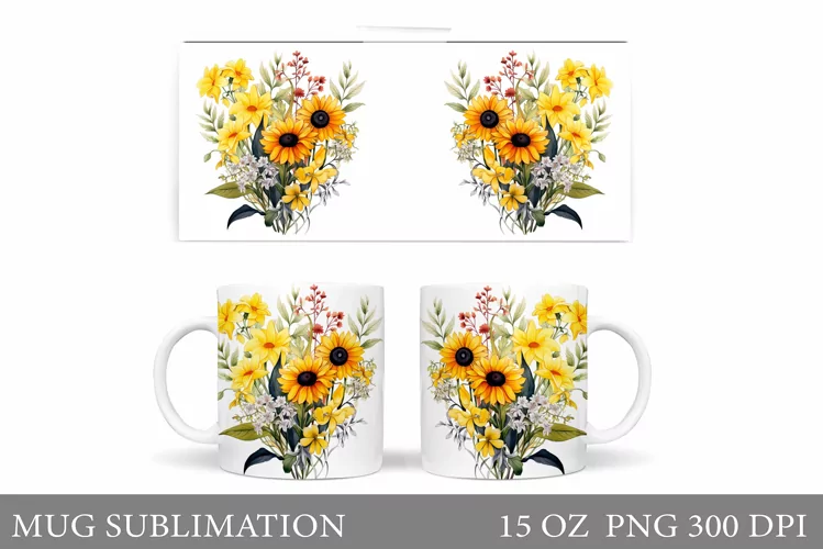 Wildflowers Mug Sublimation. Flowers Mug Wrap Design