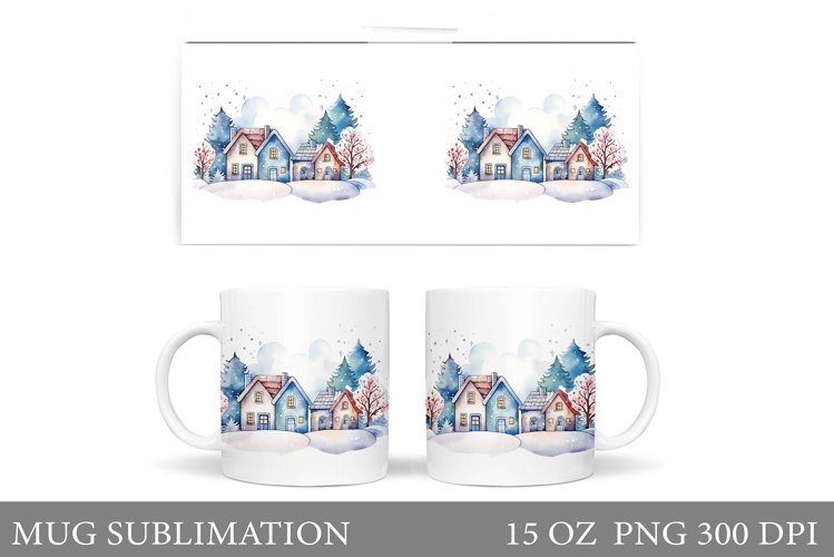 Winter Houses Mug Sublimation. Winter Mug Wrap Design