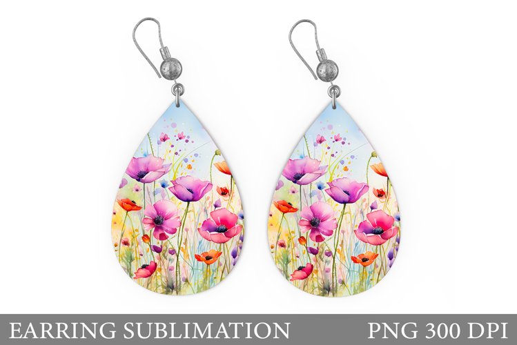Flowers Earring Sublimation. Wildflowers Teardrop Earring example image 1