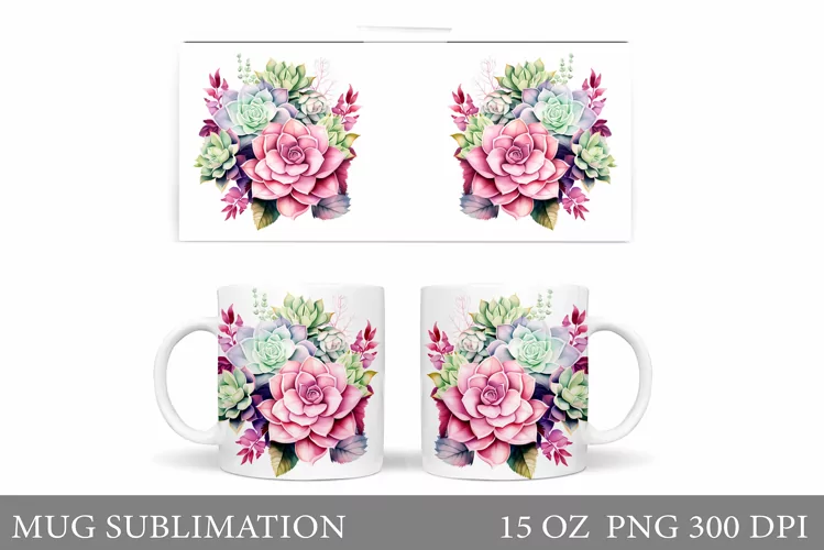 Succulents Mug Sublimation. Flowers Mug Design