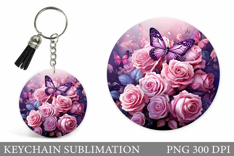 Butterfly Keychain Sublimation. Flowers Square Keychain
