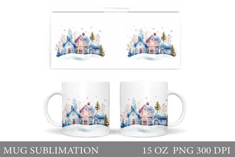 Winter Mug Wrap Sublimation. Winter Houses Mug Design example image 1