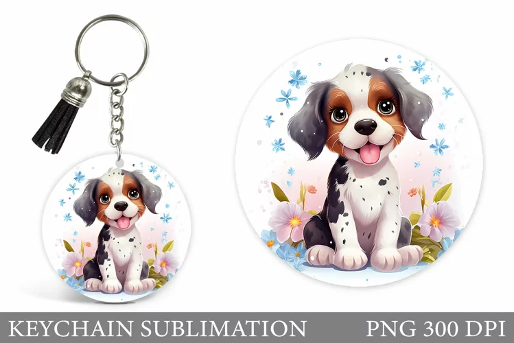 Cute Dog Keychain Sublimation. Dog Flowers Keychain Design