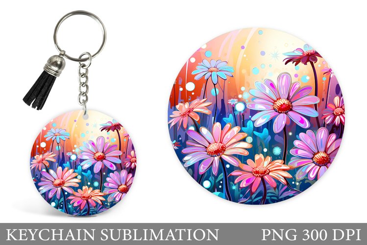 Daisy Flowers Keychain. Round Keychain Flowers Sublimation