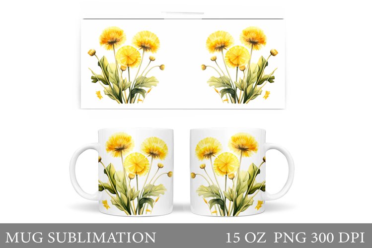 Dandelions Flowers Mug Sublimation. Flowers Mug Wrap Design example image 1