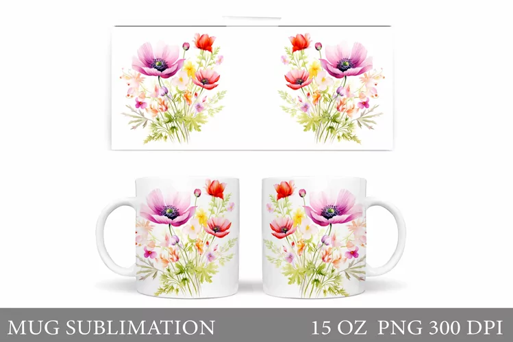 Wildflowers Mug Design. Floral Mug Sublimation