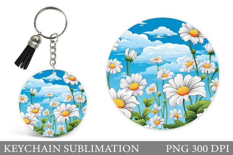 Daisy Flowers Keychain Sublimation. Flowers Round Keychain