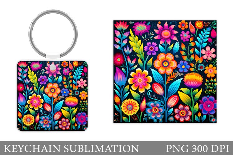 Flowers Keychain Sublimation. Neon Flowers Square Keychain