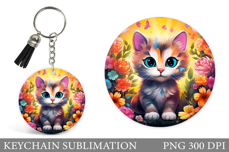 3D Cat Keychain Sublimation. Round Keychain Cat Design