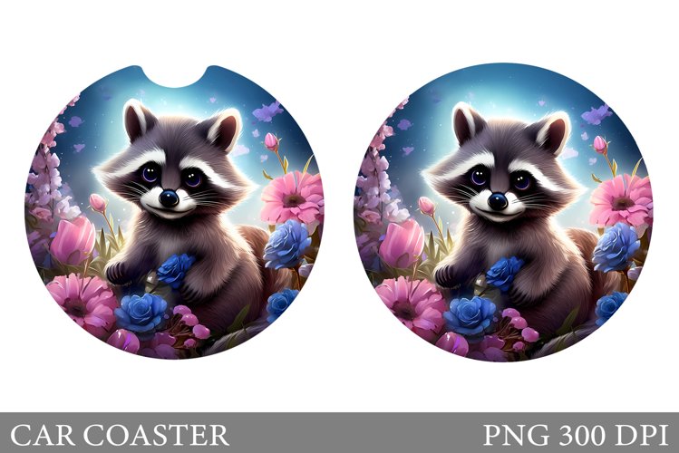 Cute Raccoon Car Coaster. Raccoon Flowers Car Coaster Design