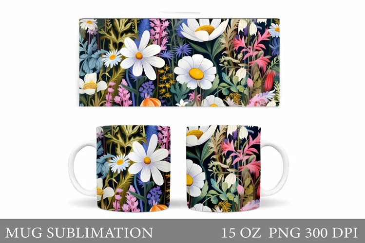 Wildflowers Mug Sublimation. Flowers Mug Wrap Template