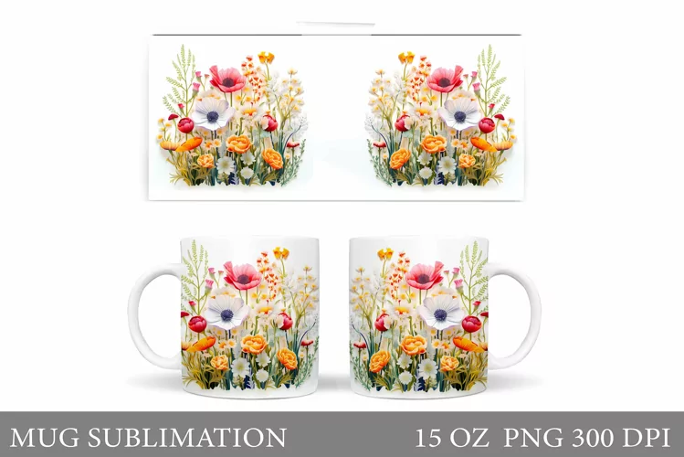 3D Flowers Mug Wrap Design. Flowers Mug Wrap Template