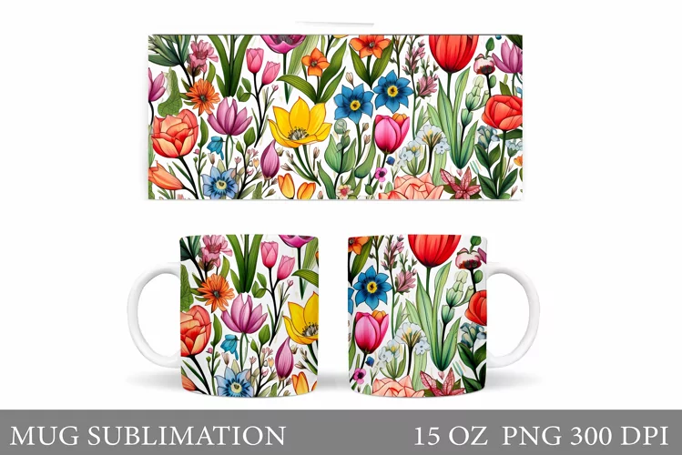 Flowers Mug Wrap Design. Wildflowers Mug Sublimation