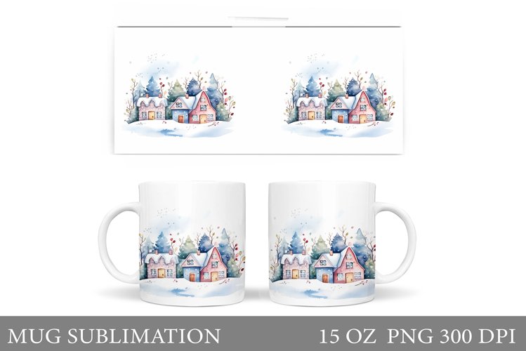 Winter Mug Sublimation. Winter Houses Mug Wrap Template