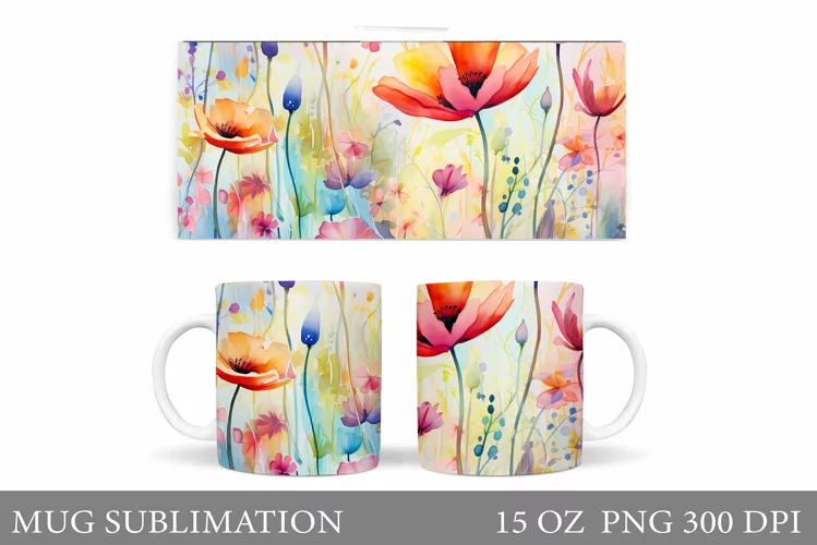 Flowers Mug Wrap Design. Wildflowers Mug Sublimation