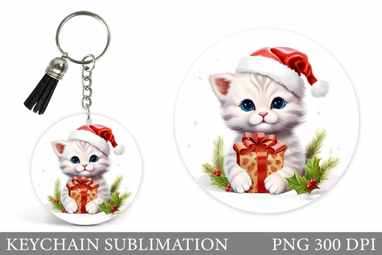 Christmas Cat Keychain Sublimation. Cute Cat Round Keychain