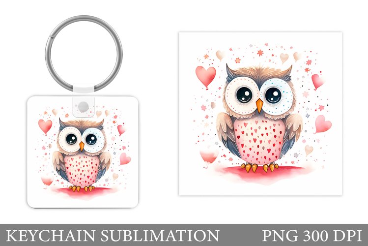 Valentines Owl Keychain Design. Cute Owl Square Keychain example image 1