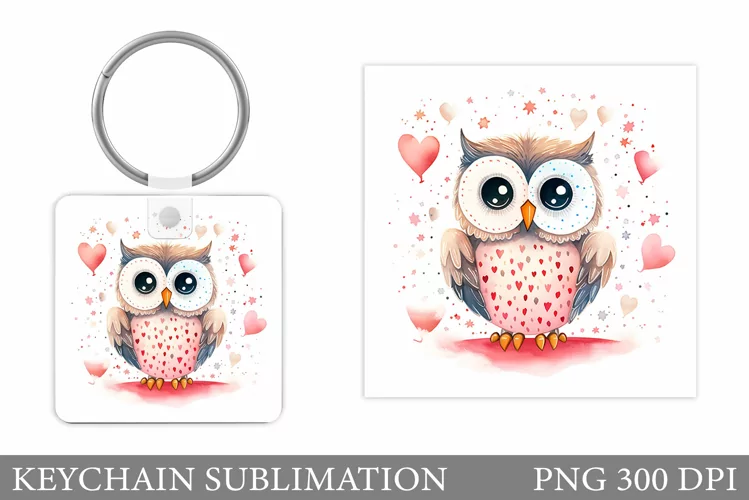 Valentines Owl Keychain Design. Cute Owl Square Keychain