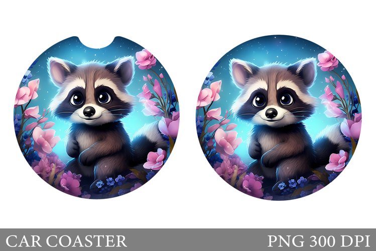 Cute Raccoon Car Coaster. Raccoon Flowers Car Coaster