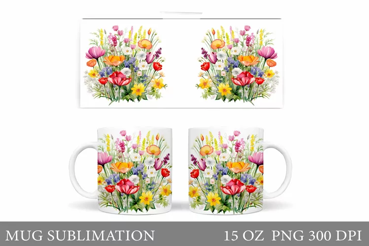 Flowers Mug Wrap Design. Wildflowers Mug Sublimation