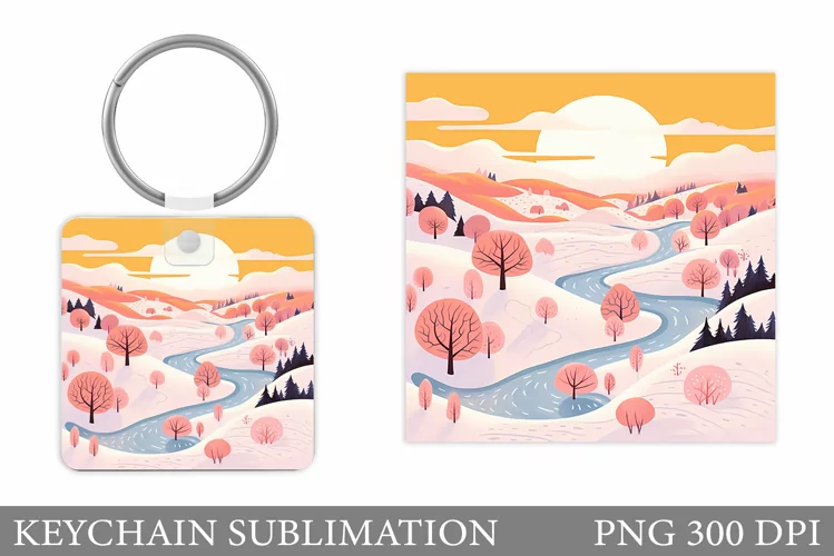 Winter Keychain Sublimation. Winter Landscape Keychain