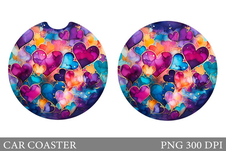 Alcohol Ink Hearts Car Coaster. Colourful Hearts Car Coaster