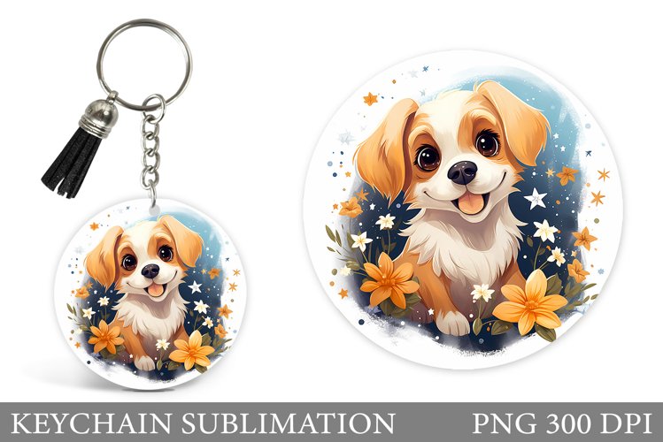 Cute Dog Keychain Sublimation. Round Keychain Dog Design