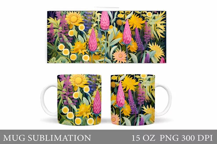Wildflowers Mug Sublimation. Flowers Mug Wrap Design