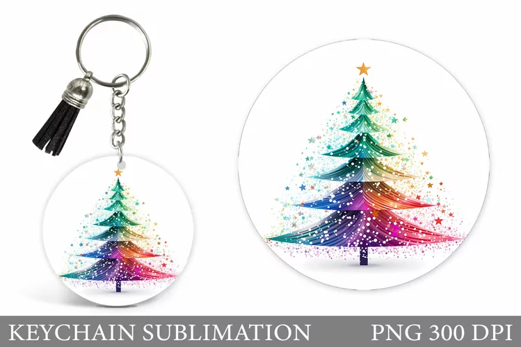 Rainbow Christmas Tree Keychain. Round Keychain Sublimation