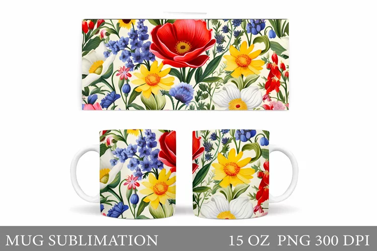 Flowers Mug Wrap Design. Wildflowers Mug Sublimation
