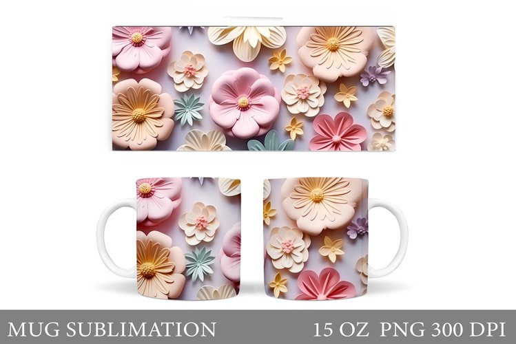 3D Flowers Mug Sublimation. Colorful Flowers Mug Template