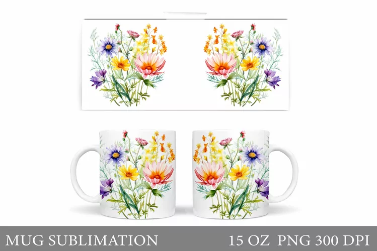 Wildflowers Mug Sublimation. Flowers Mug Wrap Template