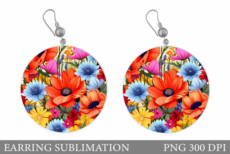 Flowers Earring Sublimation. Round Earring Flowers Design
