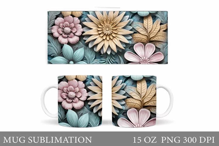 3D Flowers Mug Sublimation. Flowers Mug Wrap Design