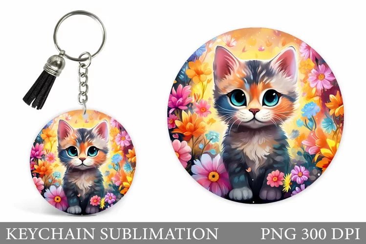 Cute Cat Keychain Sublimation. Cat Flowers Keychain Design