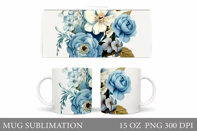 Flowers Mug Sublimation. Vintage Flowers Mug Wrap Design