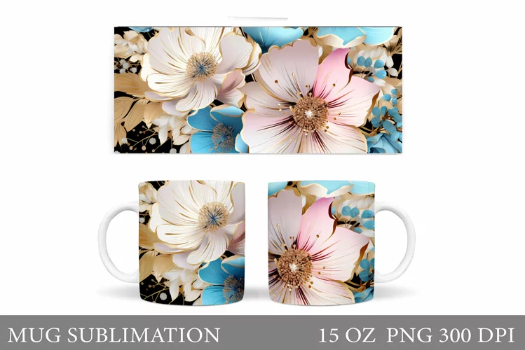 Flowers Mug Sublimation. Floral Mug Wrap Design