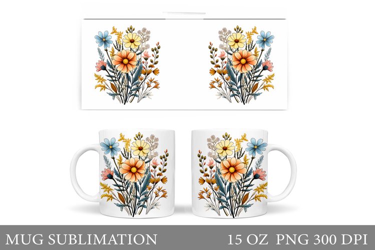 Wildflowers Mug Sublimation. Flowers Mug Wrap Design example image 1