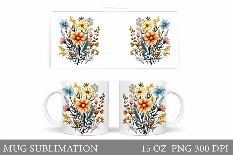 Wildflowers Mug Sublimation. Flowers Mug Wrap Design