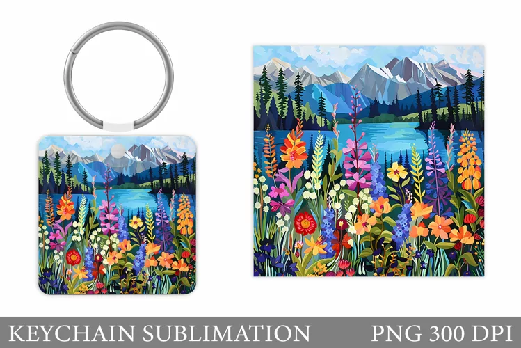 Wildflowers Keychain Design. Square Keychain Flowers