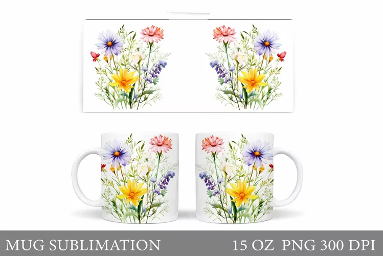 Wildflowers Mug Sublimation. Flowers Mug Wrap Design