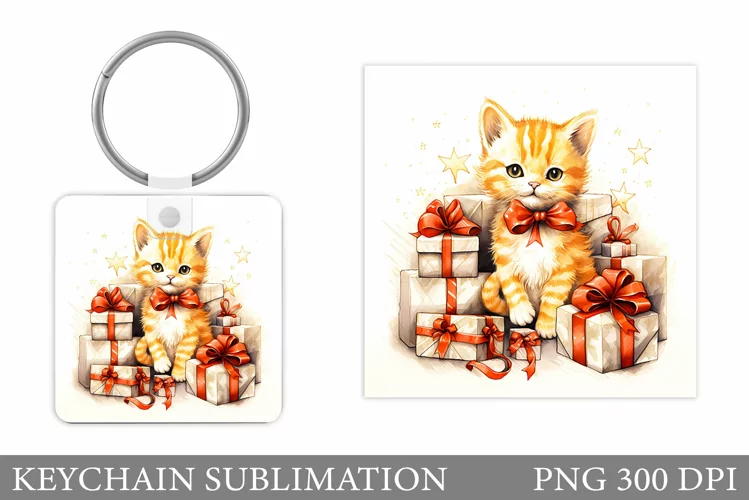 Christmas Cat Keychain. Winter Cat Keychain Sublimation