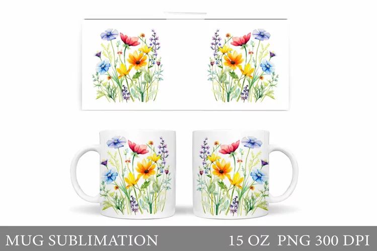 3D Wildflowers Mug Sublimation. Flowers Mug Wrap Design